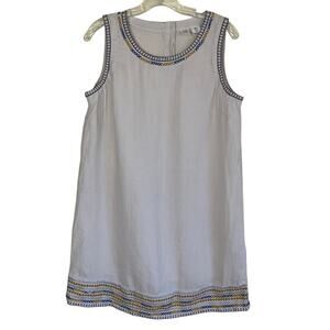 Artisan NY Linen Sleeveless Shift Style Mini Dress Folk Art Embroidered Trims